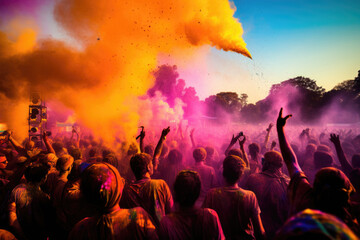 Fototapeta na wymiar Joyful people in paint. Holi Festival colors.