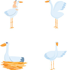Stork icons set cartoon vector. Cute cartoon white stork. Cartoon character