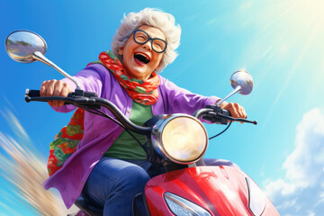 Fototapeta na wymiar An old lady on a moped. Grandma rides a scooter. The extreme of an elderly woman.