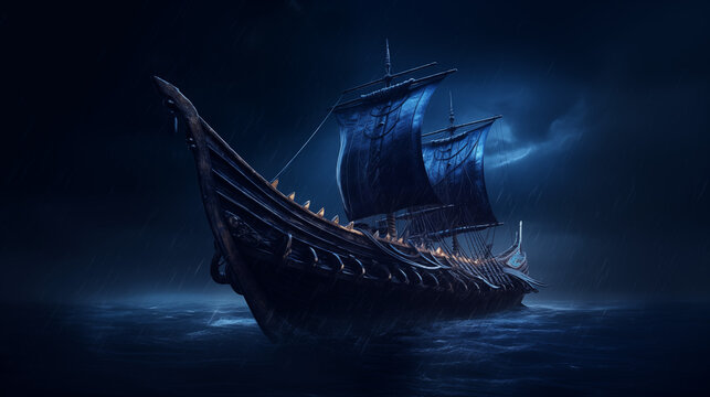 Drakkar viking naviguant dans une nuit d'orage. Bateau de guerre, voilier scandinave traditionnel.