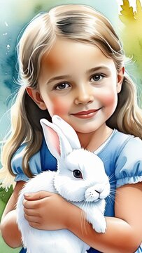 Little girl with white rabbit in hands, painted with paints
