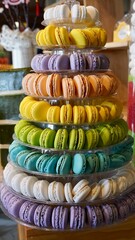 Ciastka francuskie makaroniki ciasteczka słodycze kolorowe wieża z ciastek - obrazy, fototapety, plakaty