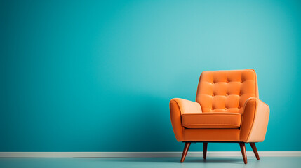 Modern orange armchair on blue wall background