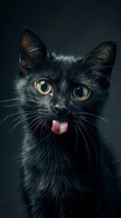 Obraz premium black cat with tongue hanging out on a dark background, copyspace for text