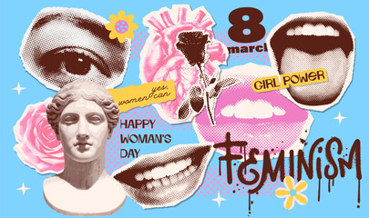 Trendy vintage collage torn out stickers set in grunge style. Halftone lips, eyes, heart, flower and antique female bust. Retro newspaper and torn paper. Elements for banners, social media. Vector. - obrazy, fototapety, plakaty