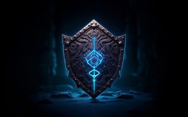 Bouclier viking runique. Objet scandinave magique avec runes de protection sur fond noir.