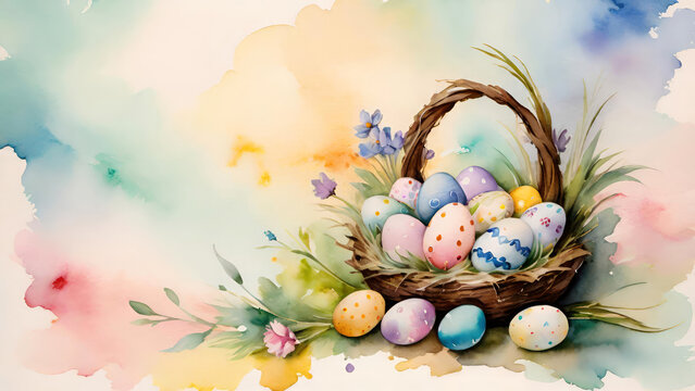 Easter banner or greeting card with colorful decorated eggs in the basket and spring flowers, space for text.Watercolor watercolor brush style, pastel handmade technique aquarelle.AI generated