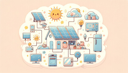 ソーラーパネルがある家と太陽光発電による家電製品への電気供給　generated ai