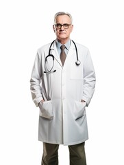 Portrait of senior male doctor with stethoscope isolated on white background