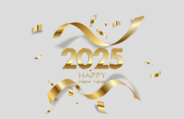 Happy New Year 2025. Golden 3D numbers with ribbons and confetti. Vector.