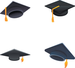 Graduation cap icons set cartoon vector. Black cap of graduation university. Element for degree ceremony