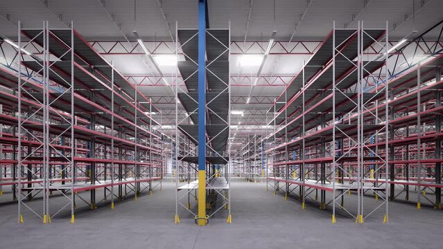 Empty big storage room. Huge warehouse room with steel construction and empty racks. Logistic distribution center with empty shelves.