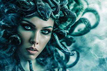 Méduse, la femme aux cheveux de serpents dans la mythologie grecque - obrazy, fototapety, plakaty