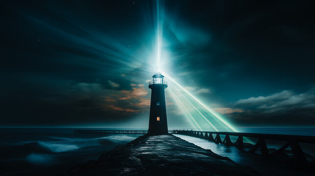 Phare allum&eacute; sur la jet&eacute; en pleine nuit