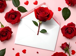 A greeting card in a lovely background with beautiful roses with love letter envelope, banner and lovely greeting card background	