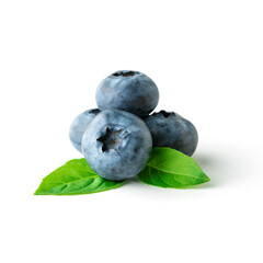 Fresh ripe organic blueberries with green leaf on white background. Food concept.