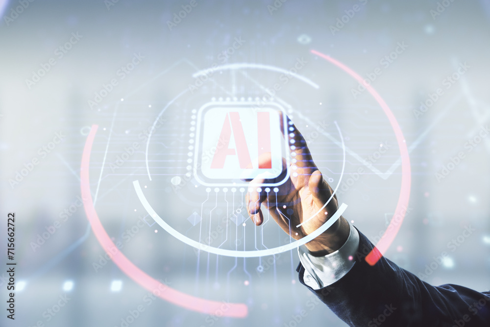 Poster double exposure of businessman hand working with creative artificial intelligence abbreviation holog