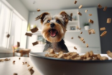 A happy dog with scattered pellets of dry food. - obrazy, fototapety, plakaty