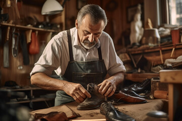 An elderly man is a cobbler in his workshop repairing shoes. 