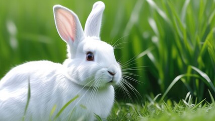 Fototapeta premium White rabbit in green grass