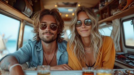 Inside view of happy adult couple driving and enjoying road trip in a modern camper van vehicle - obrazy, fototapety, plakaty