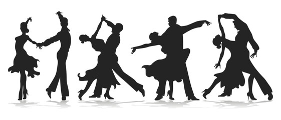 Dancing couples silhouettes, clipart set. A man and a woman are dancing. Illustration, vector