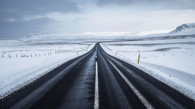 A road extending into the distance on the snowy plateau.