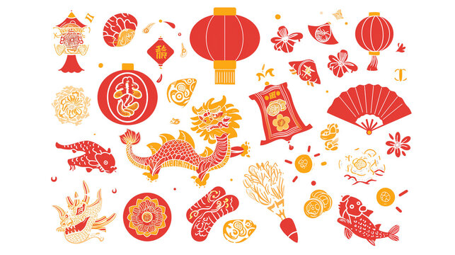 Chinese New Year Illustration Elements: Collection of Spring Festival Icons - Lanterns, Red Envelopes, Dragons, and More in a Minimalist Style.Asian chinese oriental elements to holiday illustration.