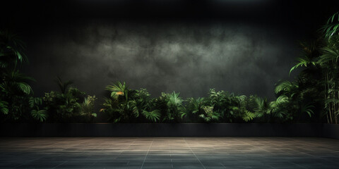 Dark wall empty room with plants on a floor,Minimalistic Dark Room with Plants,Modern Interior Design with Potted Plants - obrazy, fototapety, plakaty