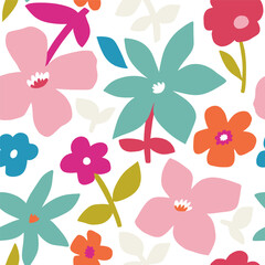 Seamless floral pattern with abstract bold colorful flowers. Botanical texture. Vector illustration