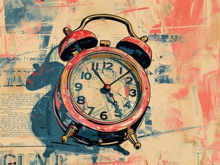 an old retro alarm clock, illustration old paper style, time passing concept theme
