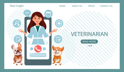 Veterinarian online. Female veterinarian on the phone and cute dog. Animal health banner or landing page template, flat style vector illustration