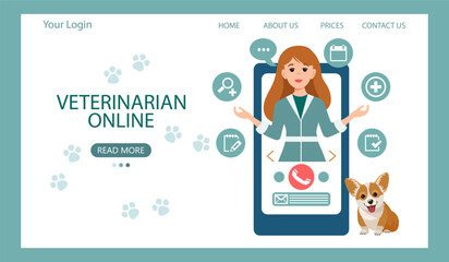 Veterinarian online. Female veterinarian on the phone and cute dog. Animal health banner or landing page template, flat style vector illustration
