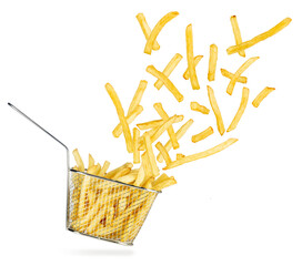 French fries flying out of falling stainless steel fryer basket isolated on white background.
