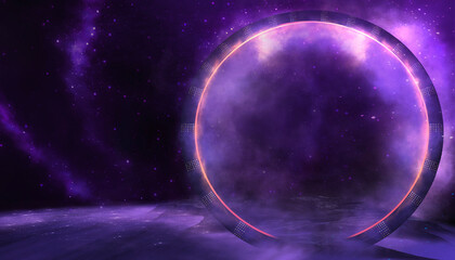 Abstract futuristic fantasy neon landscape. Purple and pink neon, circle, palm trees, nebula.