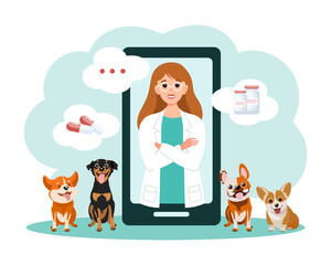 Veterinarian online. Female veterinarian on the phone and cute dog. Animal health banner or landing page template, flat style vector illustration