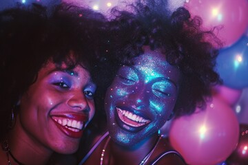 Obraz premium close up portrait of two afroamerican girlfriends, smiling and having fun, 1980 aesthetics, bright purple, pink and blue colors