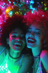 Fototapeta premium close up portrait of two afroamerican girlfriends, smiling and having fun, 1980 aesthetics, bright purple, pink and blue colors