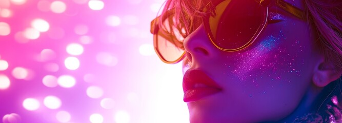 close up portrait of a young girl woth sunglasses in her twenties, 1980s aesthetics, pink bright colors - 715664305