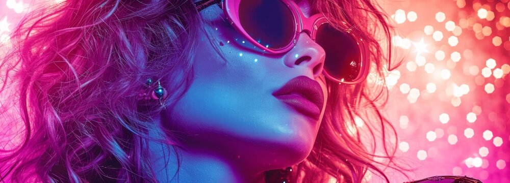 1980s aesthetics type portrait of a girl, with sunglasses, with sparkles and glitters, disco style, 20yo, pink purple and blue colors
