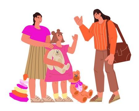 Mother leaving child in kindergarten or daycare centre with nanny flat vector.