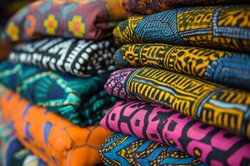 Close-up image of colorful African textiles and fabrics in a local market. Intricate patterns, textures, and rich colors. Black History Month.