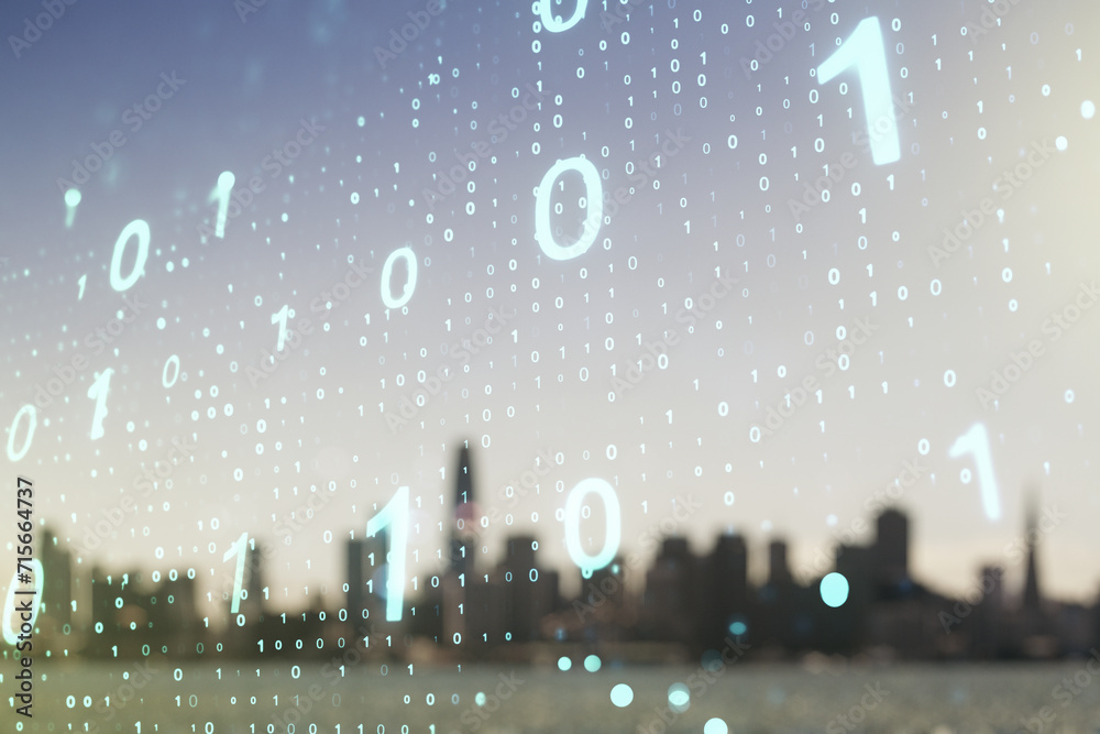 Fototapete double exposure of abstract virtual binary code hologram on blurry cityscape background. database an