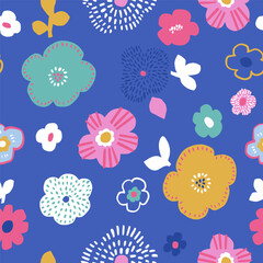Seamless floral pattern with colorful flowers. Botanical minimal texture. Vector illustration
