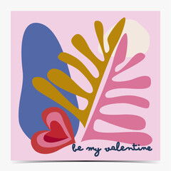Minimalistic Valentine's Day greeting card, poster, template, label with red and pink heart, colorful leaves and abstract elements
