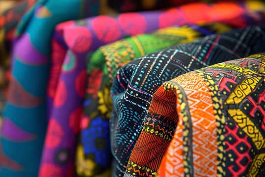 
Close-up image of colorful African textiles and fabrics in a local market. Intricate patterns, textures, and rich colors. Black History Month.