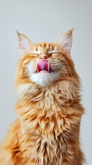 ginger cat with white and darker orange stripes on a light background, pet care with copy space for text