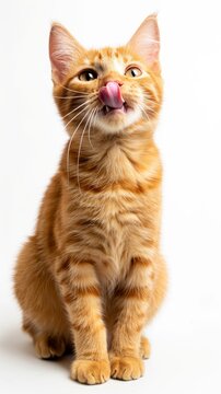 a whimsical ginger cat with its tongue sticking out, on a white background, pet care with copy space for text