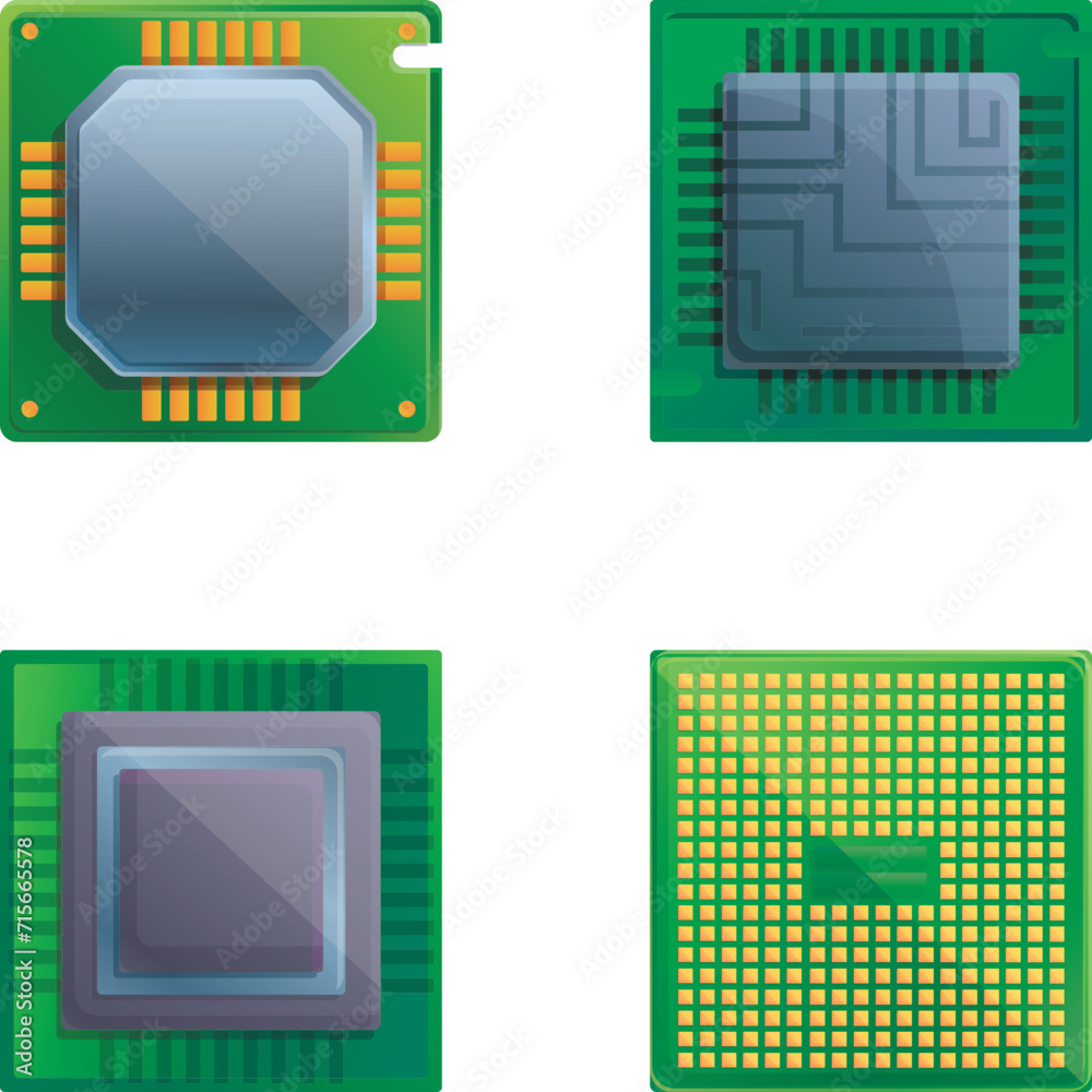 Poster microchip icons set cartoon vector. central computer processor. digital technology