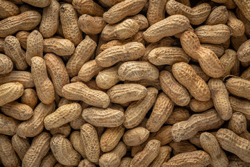 Peanut in a shell. Food background. Top view.